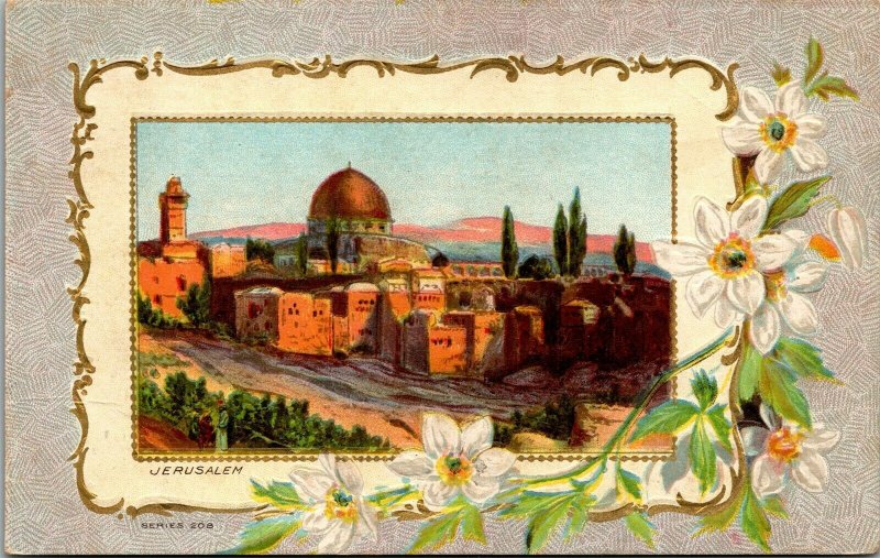 Vtg View of City Jerusalem Israel Embossed Lilies Gold Gilt 1910s Postcard