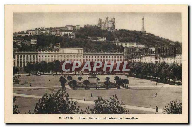 Old Postcard Lyon Bellecour Square and hill Fourviere