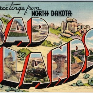 c1940s North Dakota Badlands Greetings Large Bubble Letters Art Linen ND PC A219