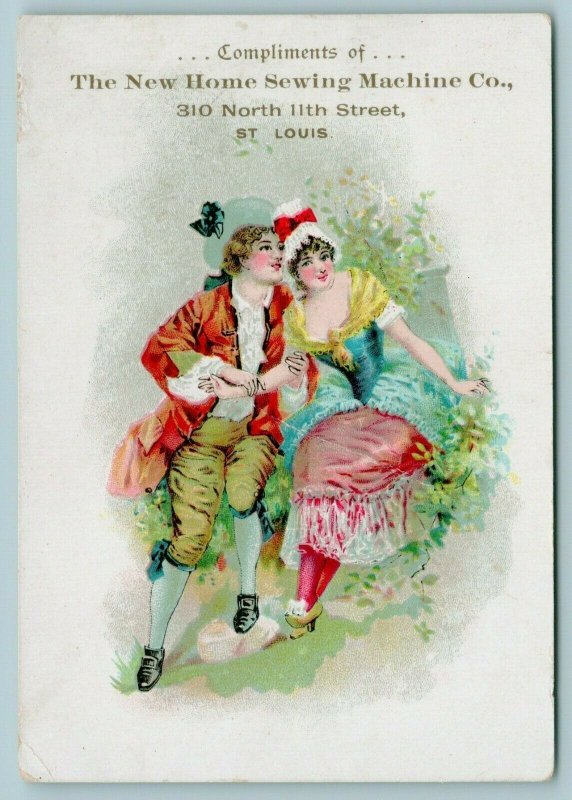 St Louis MO~New Home Sewing Machine Co~Elegant Couple~Victorian Trade Card~1890s 