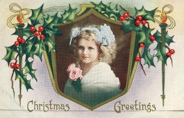 Christmas Whitney Made Vintage Postcard Embossed Gilt Holly Frame Pretty Girl