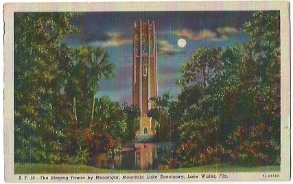 Vintage Linen Postcard Singing Tower Moonlight Mountain Lake Sanctuary Florida