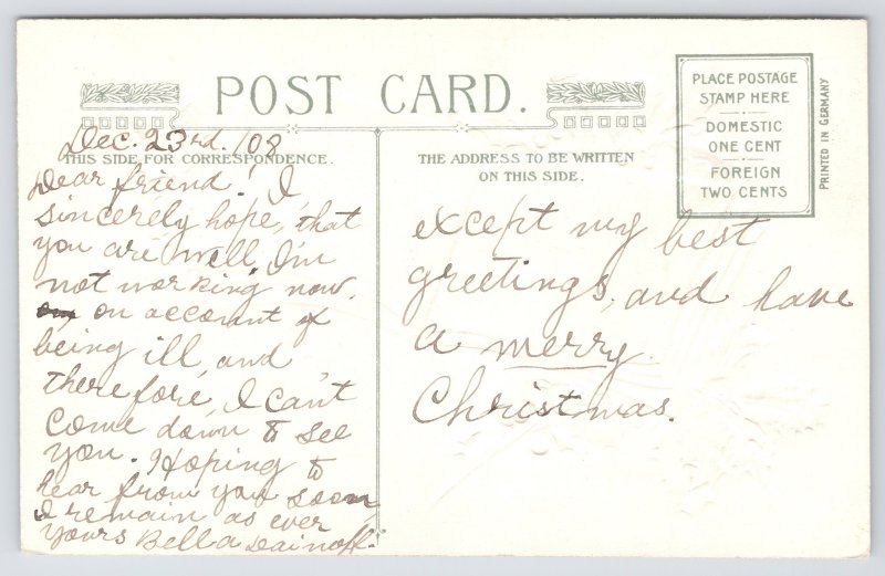 Christmas~December 25 On Book Pg~Winter Snow Scene~Gold Leaf~Emb~Winsch~Vtg PC