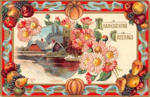 Thanksgiving Landscape Flowers Pumpkin Apple Grapes embossed postcard B990