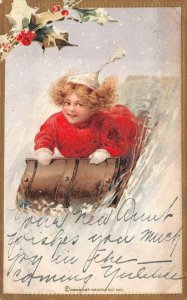 CHRISTMAS CHILD SLEDDING DENNISON'S EMBOSSED POSTCARD 1906