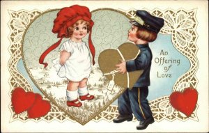 VALENTINE FANTASY Little Boy Mailman w Giant Heart GILT c1910 Postcard