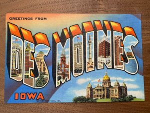 Vintage 40s GREETINGS from DES MOINES Iowa Capitol Large Letters Postcard