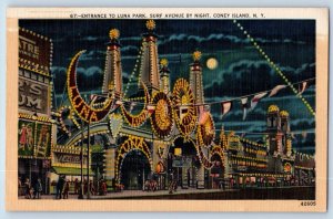 Coney Island New York Postcard Entrance To Luna Park Surf Avenue By Night 1948