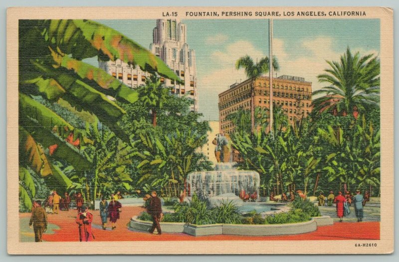 Los Angeles California~Pershing Square Fountain~1940s Linen Postcard