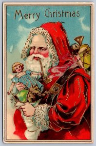 K25/ Santa Claus Christmas Postcard c1910 Gold-Lined Doll Pipe Toys 124