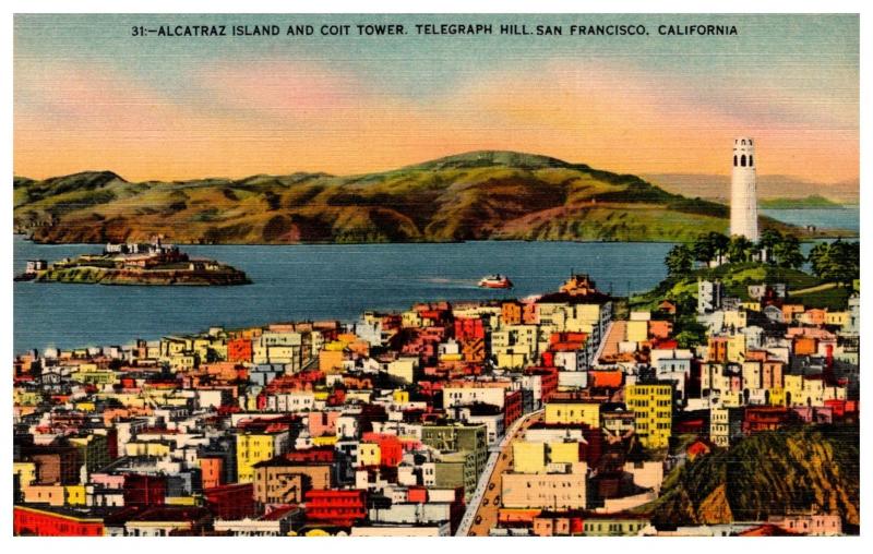 California San Francisco , Aerial view , Alcatraz Island ,Telegraph Hill