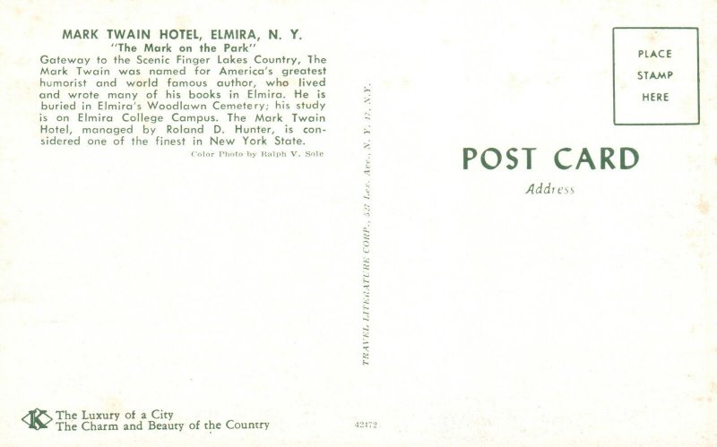 Vintage Postcard Mark Twain Hotel Gateway Scenic Finger Lakes Elmira New York