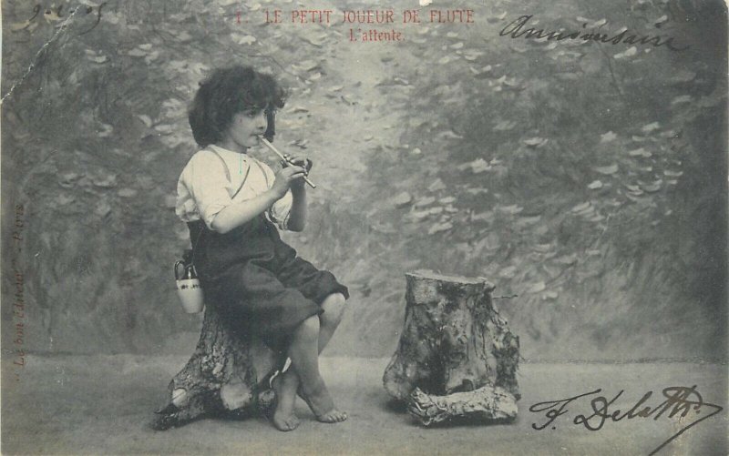 Set 4 antique postcards 1905 children topic  The little flute player  