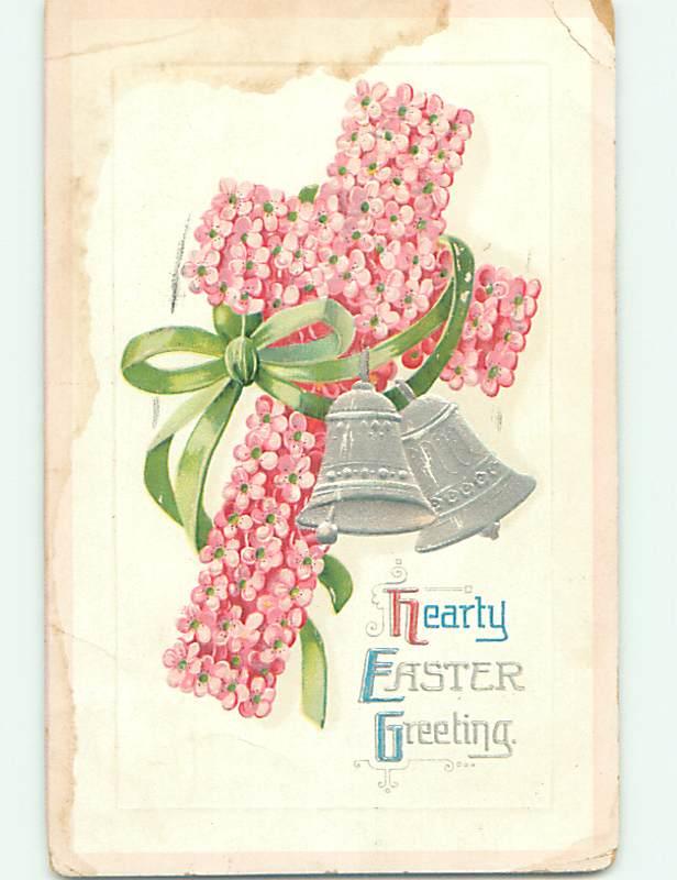 Stained 1911 Easter BELLS & RIBBON & CROSS MADE OF PINK FLOWERS o5848