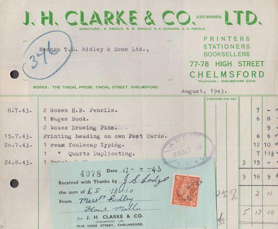Pencils Drawing Pins Stationary Chelmsford Antique 1943 WW2 Receipt Ephemera