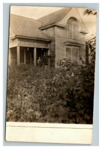 Vintage 1910's RPPC Postcard - Old Farmhouse Man & Son on the Front Porch