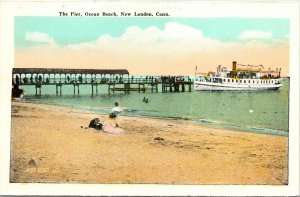 VINTAGE CONTINENTAL SIZE SOFT-PAPER PICTURE OCEAN BEACH NEW LONDON & HOSPITAL CT