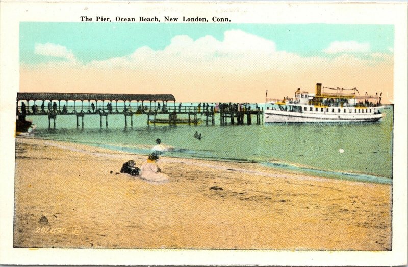 VINTAGE CONTINENTAL SIZE SOFT-PAPER PICTURE OCEAN BEACH NEW LONDON & HOSPITAL CT