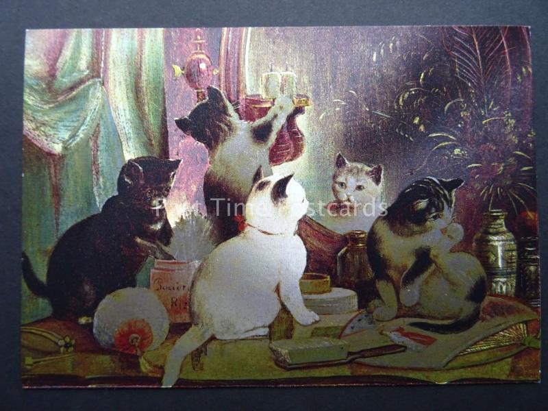 Pussy Cat KITTENS ON THE VANITY TABLE c1980's by F J Warren DUFEX FOIL Postcard