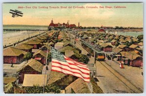 1910's TENT CITY HOTEL del CORONADO SAN DIEGO CA BIPLANE AMERICAN FLAG POSTCARD