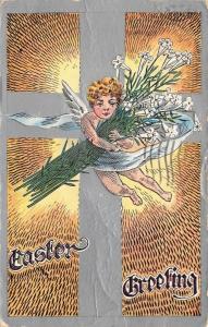 Easter Greetings 1909 Postcard Angel With Lillies Silver Cross