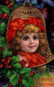 C. 1910 Lovely Girl Bell Berries Holly Ribbons Christmas Vintage Postcard P215