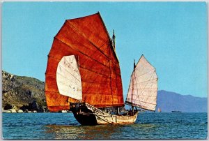 The Chinese Fishing Junk Hong Kong China Ocean Blue Waters Mountains Postcard