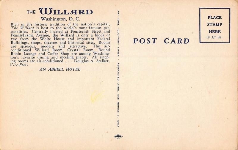 Air Conditioned Willard Hotel, Washington, D.C., Early Postcard, Unused