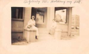 Oglesby Illinois Women with Dog on Porch Real Photo Vintage Postcard AA83781