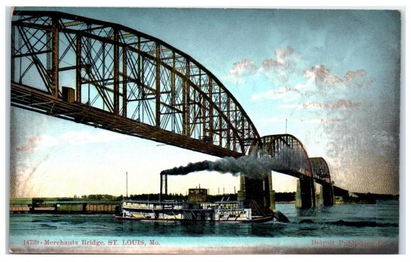 Early 1900s Merchants Bridge St. Louis, MO & Mississippi Paddlewheeler Postcard