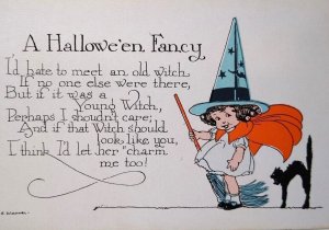 Halloween Postcard E Weaver Cute Witch Girl And Black Cat Vintage 2335 Unused