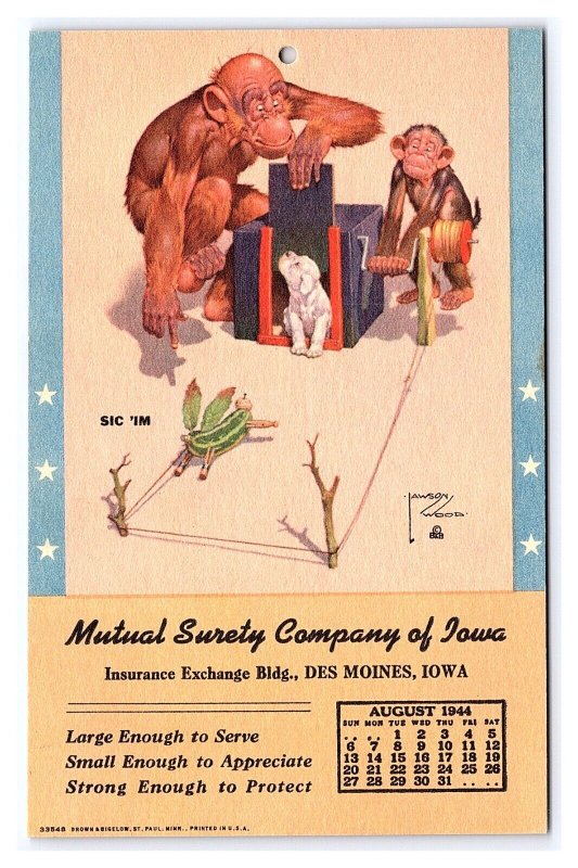 August 1944 Monkey Calendar Postcard Mutual Surety Company Of Iowa Des Moines IA