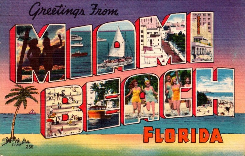 Florida Greetings From Miami Beach Large Letter Linen 1950