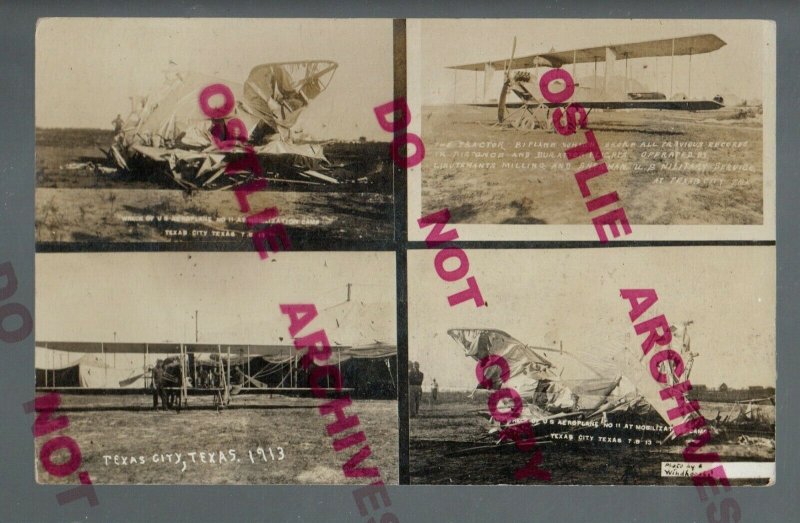 Texas City TX RPPC 1914 4 AIRPLANE 2 Wrecks DISASTER Collage PLANES nr Galveston