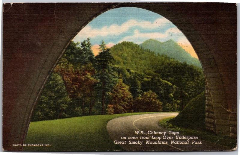 Chimney Tops Seen From Loop-Over Underpass, Great Smoky Mts c1957 Postcard J07