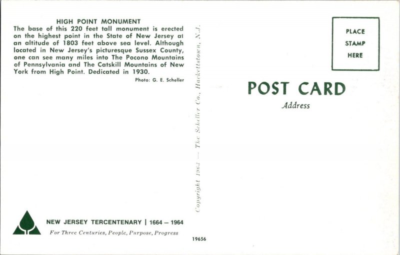 Vintage Postcard High Point Monument, New Jersey KA21