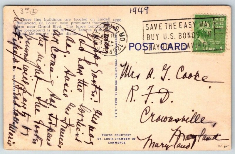 1949  St. Louis   Missouri  Masonic Temple   Postcard