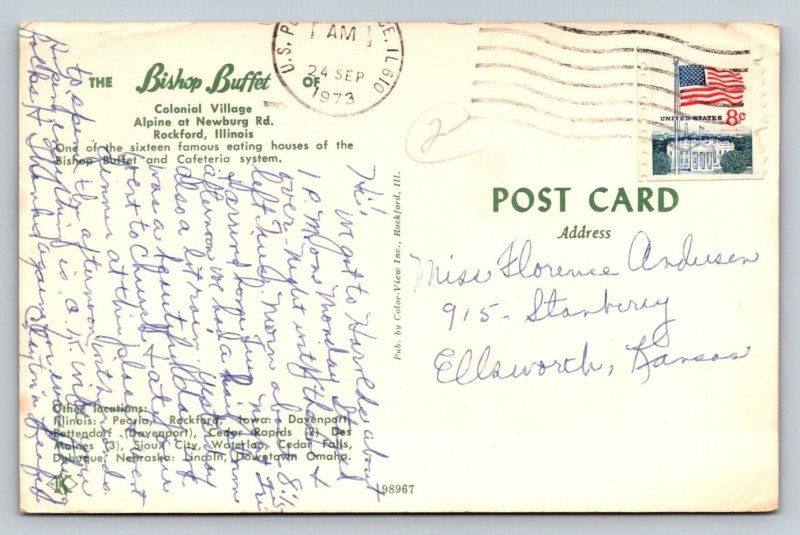 1973  Bishop Buffet  Rockford  Illinois   Postcard