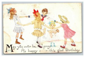 Vintage 1913 Birthday Postcard - Kids Dancing in Circle Cute Girl with Doll