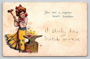 Vintage 1904 Comic Valentine Postcard Heartbreaker Woman Blacksmith Anvil
