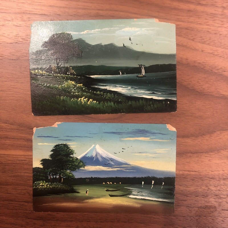 Lot of 2 : Japan Old Genuine Hand Painted Postcard Landscape Boats Water River 