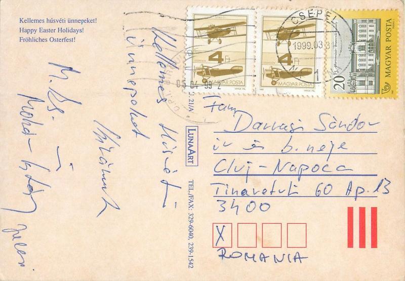 Hungary Easter bunnies eggs rabbits flowers vase postcard