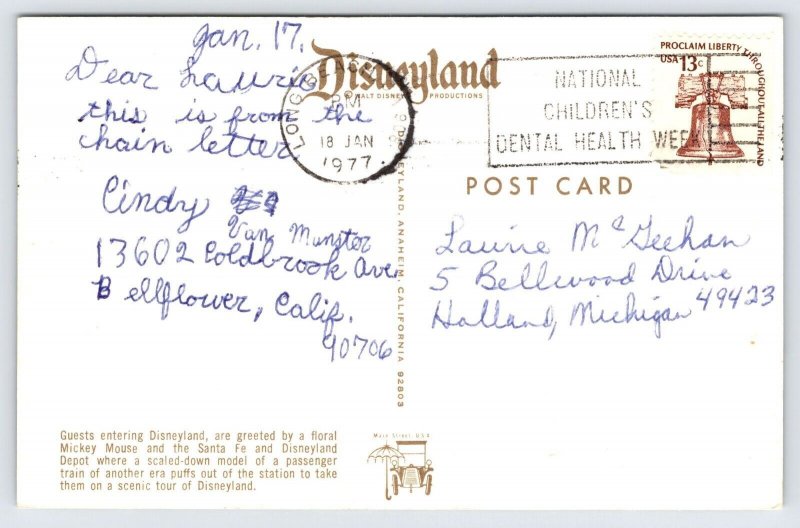 Greetings From Disneyland, Entrance, Train Depot, Vintage c1977 Postcard