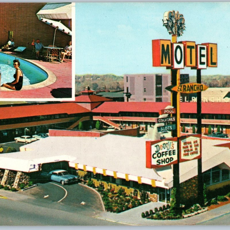 c1960s Reno NV EL Rancho Motor Hotels Map Dennys Birds Eye Oversized Postcard 3S