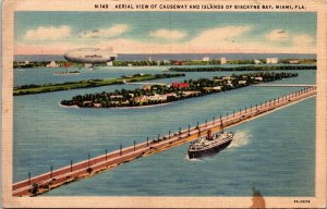 Aerial View Causeway Islands Biscayne Bay Miami Florida FL Linen Postcard PM WOB 