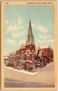 Dallas Texas TX, First Baptist Church, Road Corner, Religious, Vintage Postcard