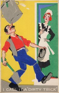 Crazy Builder Balancing Act Circus On Nose French Maid Old Comic Postcard