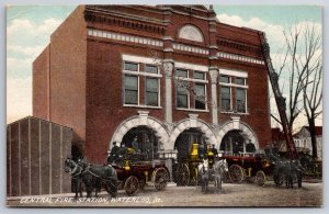 Waterloo Iowa~Central Fire Station~Horse Drawn Wagons~Roof Ladder Firemen~1908