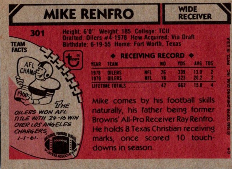 1980 Topps Football Card Mike Renfro WR Houston Oilers sun0457