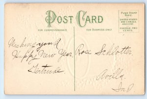 c1910's New Year As Time Rolls On Clock And Flowers Embossed Antique Postcard